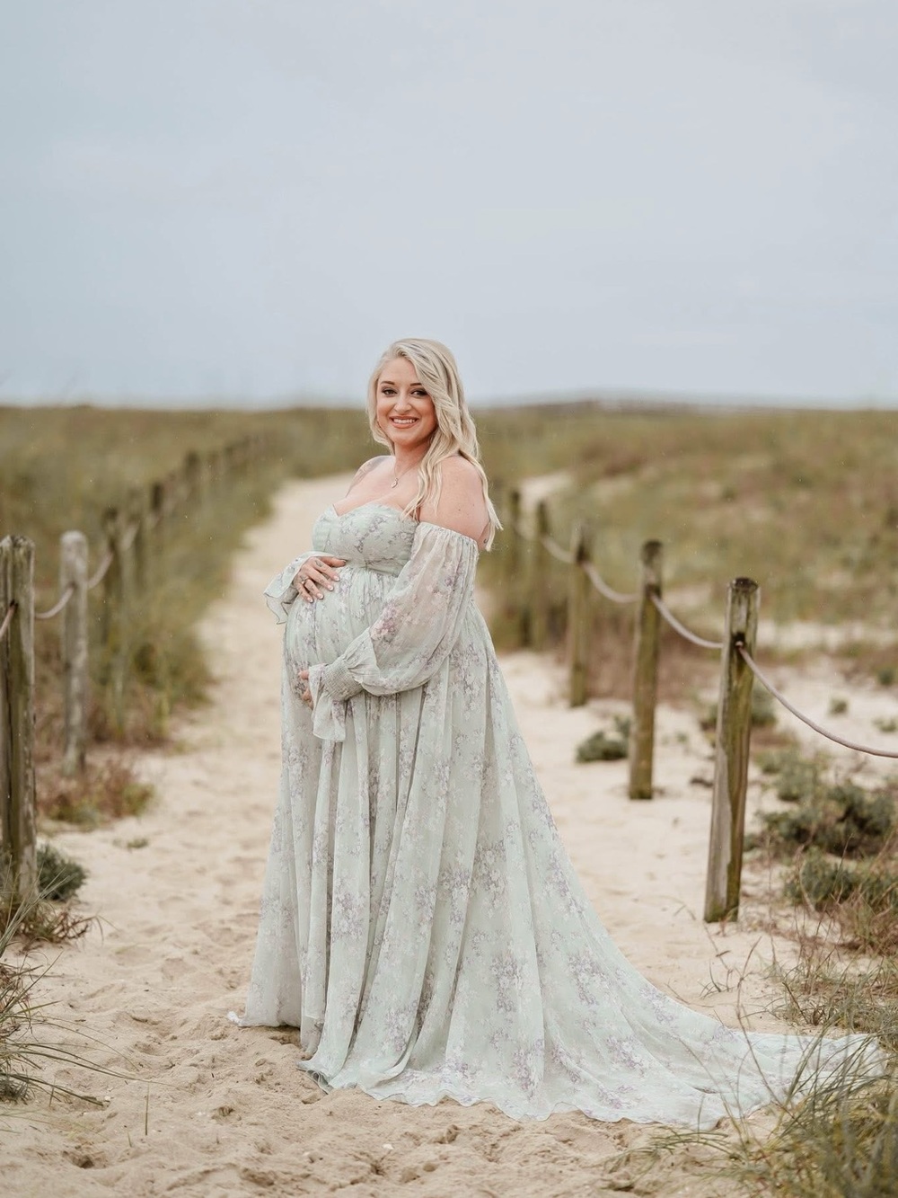 Light Sage Off-Shoulder Maternity Gown